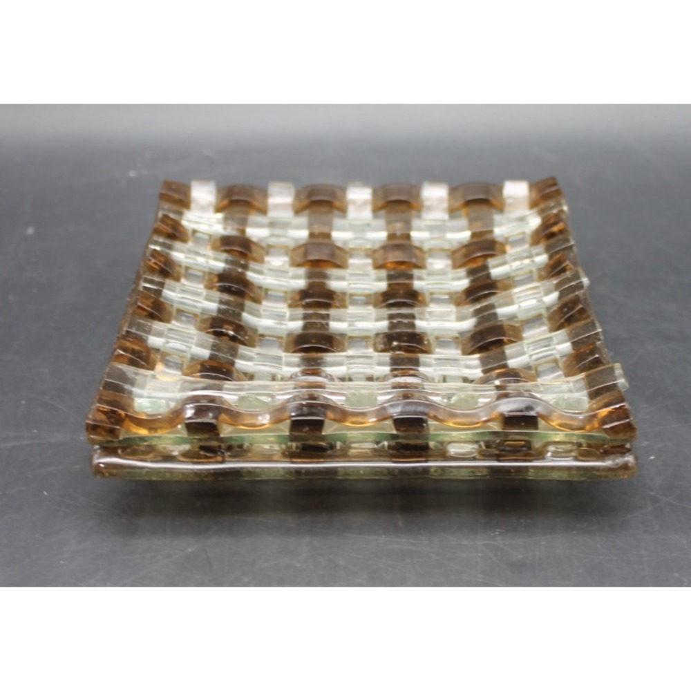 Set of 2 Woven Art Glass Sushi Plates Brown Clear Basketweave Checkered 6x6